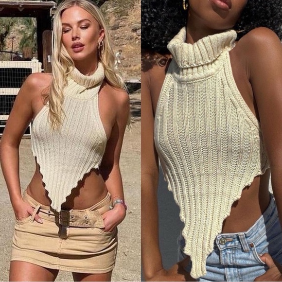 LOCAL EUROPEAN Saro Cream Knit Open Back Turtleneck Sweater Top - Picture 3 of 8